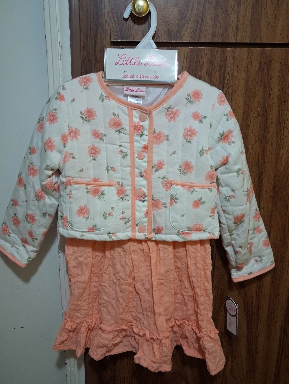 Little Lass Peach Floral Quilted Jacket & Peach Dress Set